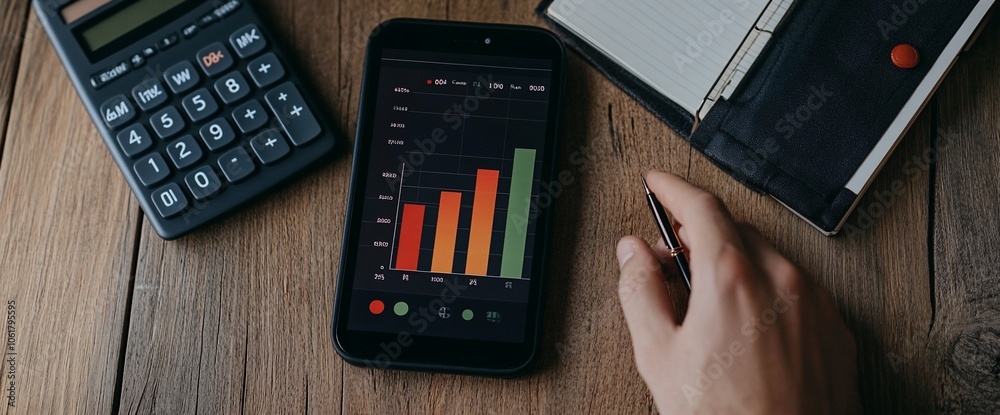 Poster A hand holding a pen over a smartphone displaying a bar graph on a wooden desk with a calculator and a notebook.