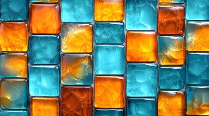 Colorful glass mosaic tiles in turquoise blue and orange patterns, translucent texture, geometric abstract design, and modern wall decoration with a glossy surface.