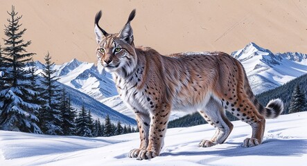 Obraz premium Lynx in snowy mountains hand drawing