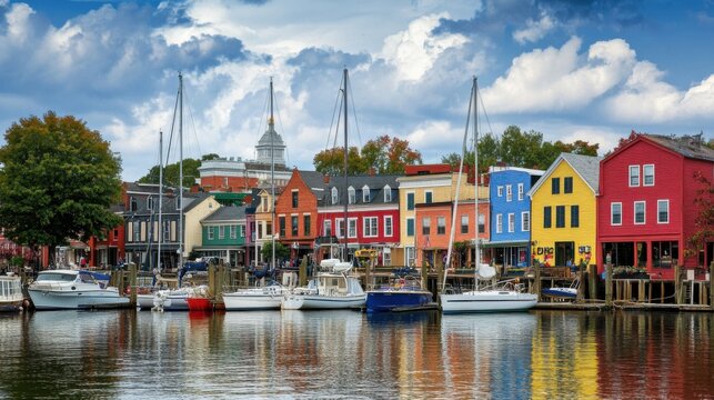 Explore the vibrant waterfront of historic Annapolis with colorful buildings and tranquil boats on a summer day