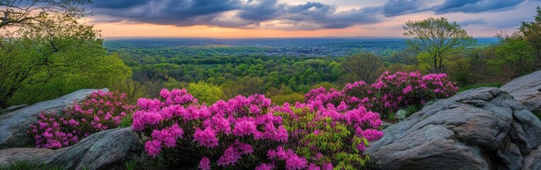 Fototapeta premium Enjoying the vibrant blooms of azaleas at West Rock Ridge State Park during a peaceful sunset in spring