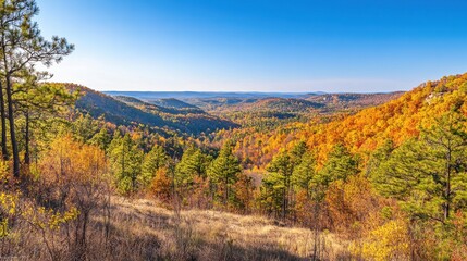 Fototapeta premium Breathtaking autumn landscapes of the Ozark Mountains showcasing vibrant foliage and expansive vistas