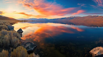 A breathtaking sunset over Lahontan, showcasing vibrant hues reflecting on calm water with mountains in the background