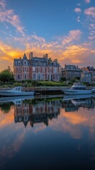 Fototapeta premium A breathtaking panorama of a historic seaside town at sunset with charming architecture and reflective waters