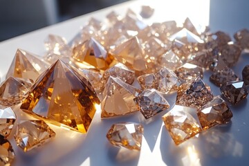 a worker with the job of checking expensive diamonds, diamond stones piled up on the table