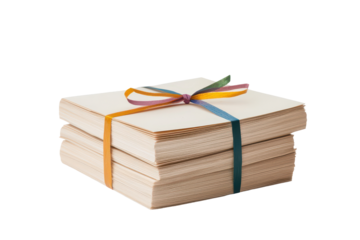 Arrange processed paper stacks elegantly tied with colorful ribbons
