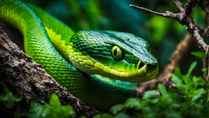 A green snake is curled up on a branch