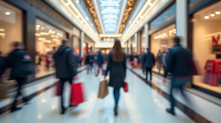 Blurred image of a shopping mall with shoppers carrying shopping bags against the backdrop of glass displays