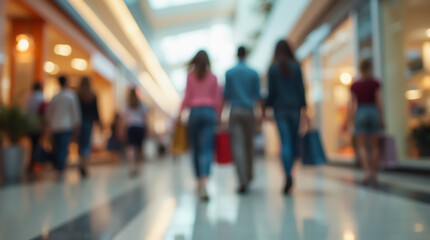 Busy shopping mall with shoppers walking past glass displays and stores, blurred image
