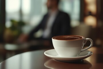 Fototapeta premium a glass of hot chocolate on a table background blur of an office business man in a restaurant