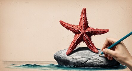 Starfish on a rock hand drawing