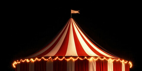 A large red and white circus tent with a white flag on top