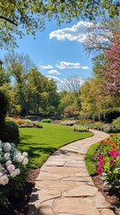 Obraz premium A tranquil stroll through the vibrant gardens filled with blooming flowers under a clear blue sky in spring