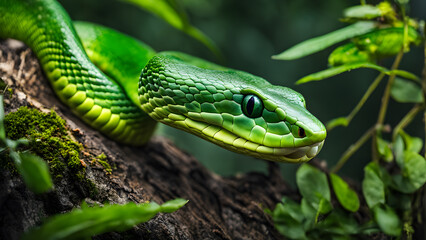 Obraz premium A green snake is on a log in a forest