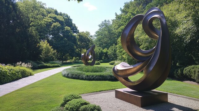 A tranquil garden featuring beautiful manicured lawns and abstract bronze sculptures under a clear blue sky