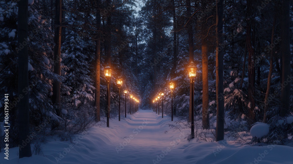 Poster a tranquil snowy forest pathway illuminated by lanterns at dusk, inviting peaceful winter walks