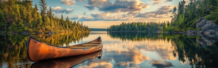 A tranquil evening view of a canoe resting on the calm waters of the Boundary Waters Canoe Area surrounded by lush forests