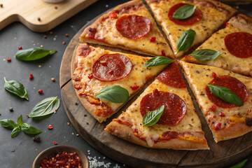 A closeup shot of a pepperoni pizza with melted cheese and fresh basil leaves, sliced into pieces on a wooden table.