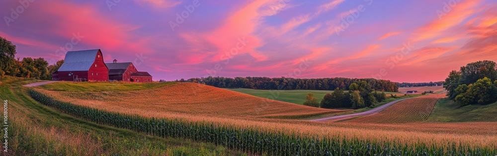 Poster a breathtaking view of a scenic highway winding through vibrant farmland at sunset with colorful clo