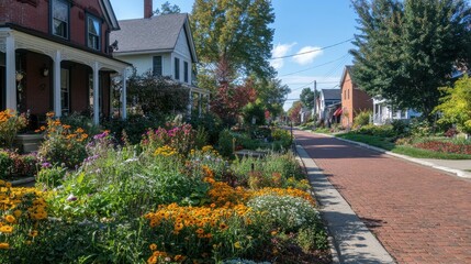 A charming street in a quaint town filled with vibrant flowers and beautiful homes on a sunny afternoon