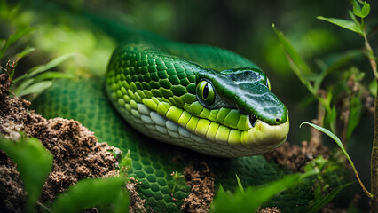 Obraz premium A green snake is on the ground in a grassy area