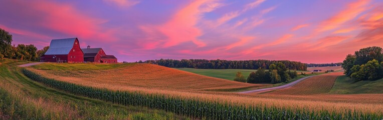 Obraz premium A breathtaking view of a scenic highway winding through vibrant farmland at sunset with colorful clouds overhead