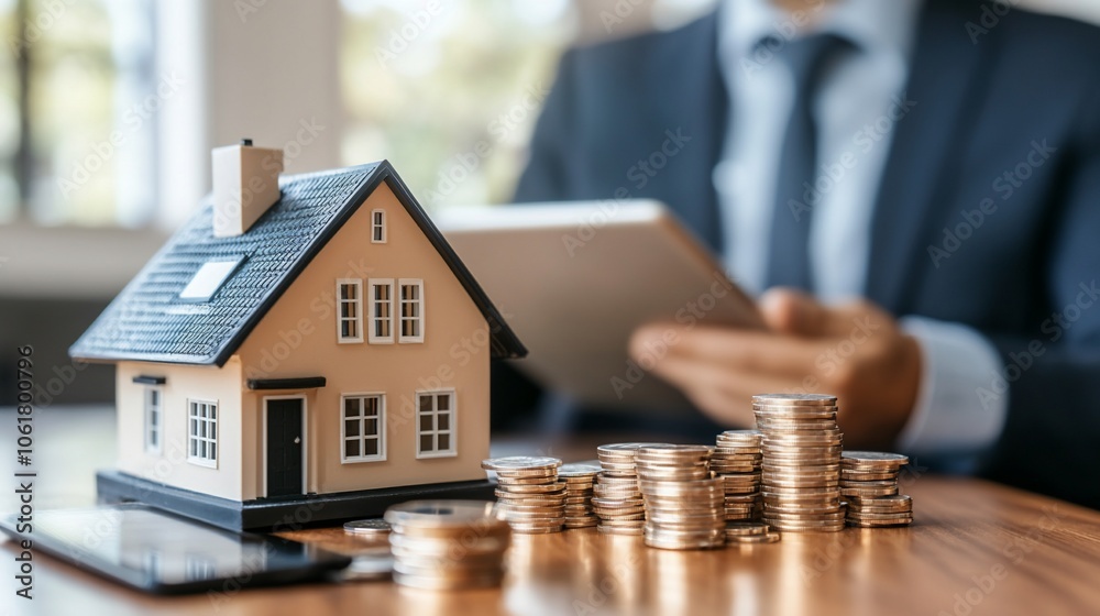 Poster a house model sits on a desk in front of stacks of coins, with a businessman in the background using
