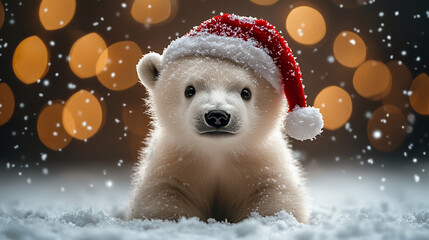 White baby bear cub on the snow in a Santa Claus hat close-up