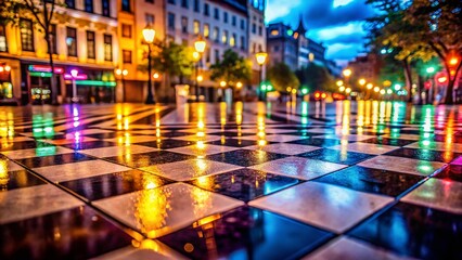 Night Photography of DAlbenzio Checkered Square, Urban Landscape, City Lights, Architectural Beauty, Nighttime Vibes, Long Exposure, Vibrant Colors, Urban Exploration, Nightlife Photography