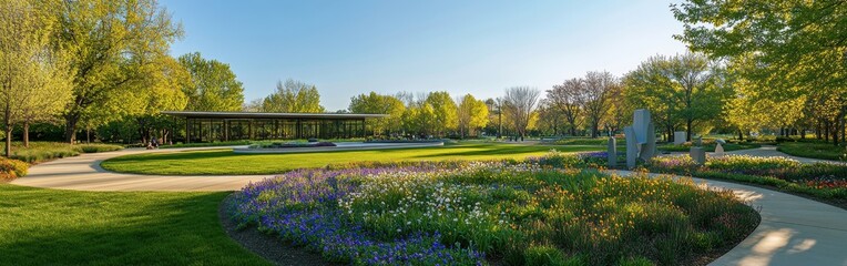Obraz premium A serene morning in the gardens showcasing vibrant flowers and lush greenery near a peaceful walking path