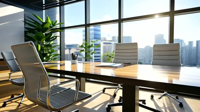 A bright, contemporary office with a rectangular meeting table surrounded by ergonomic chairs. The CEO&rsquo;s desk is positioned near a large glass window