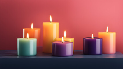 A row of candles with different colors and sizes are lit up