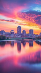 Fototapeta premium Stunning sunset over Des Moines showcasing vibrant colors and skyline reflected in the water
