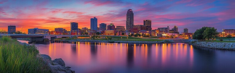 A stunning sunset casts vibrant colors over the Des Moines skyline reflecting on the river in a picturesque urban landscape