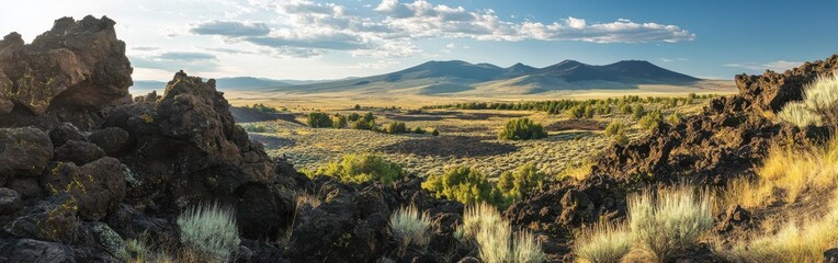 Naklejka premium A breathtaking view of the Craters of the Moon National Monument at sunset highlighting the rugged lava fields and distant mountains