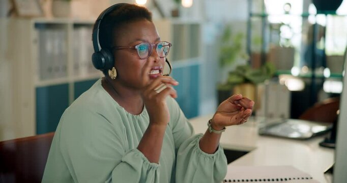 Call center, communication and black woman agent in office for inbound crm, sales and telemarketing. Customer support, headset and African advisor with multilingual technical service for translation.