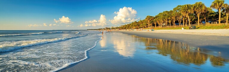 Tranquil sandy shores at sunset with gentle waves reflecting palm trees and a warm sky on a peaceful beach