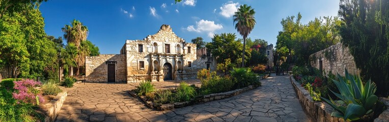 Naklejka premium A sunny day at the historic Alamo featuring lush greenery and stone architecture in San Antonio, Texas