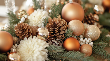 Festive Centerpiece Being Prepared with Ornaments and Pinecones