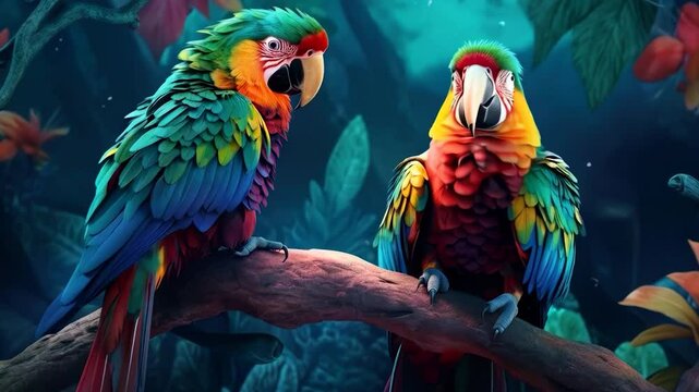 Two vibrant parrots perched on a branch surrounded by lush tropical foliage in a magical forest setting