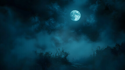 Fototapeta premium Full moon illuminating a dark, cloudy night sky with dense blue fog. Halloween background , nighttime ambiance, lunar light concept, gothic aesthetic, eerie atmosphere.