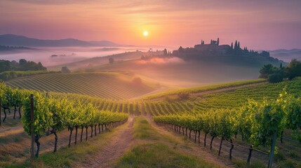 Fototapeta premium A serene Italian vineyard at dawn with rows of vines and mist under a golden sunrise