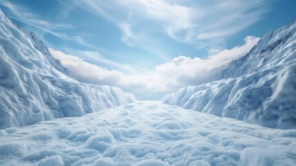 A serene landscape showcasing icy mountains with a cloud-filled sky and a vast expanse of fluffy snow beneath.