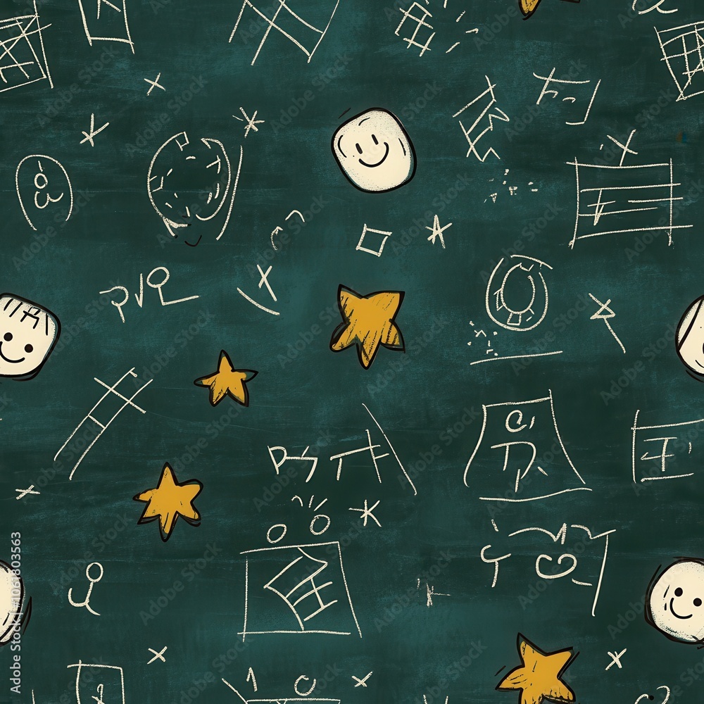 Poster Colorful cartoon chalkboard pattern featuring playful doodles and smiling faces with stars and shapes on a dark background