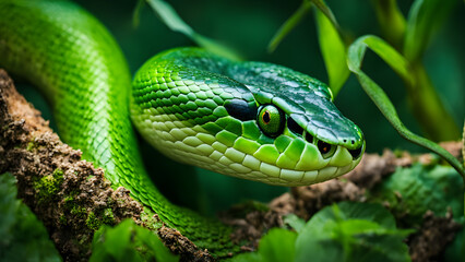 A green snake is on a branch