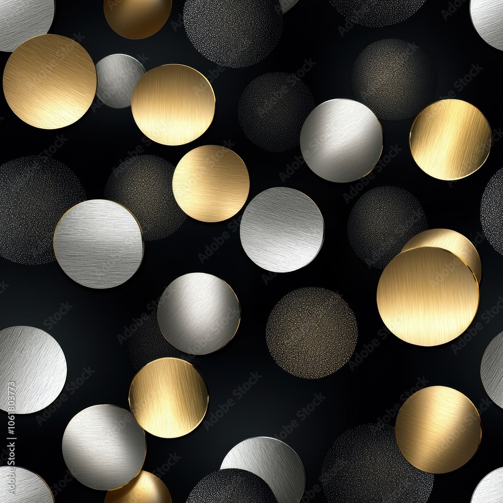 Poster A vibrant arrangement of metallic shiny circles on a dark background showcasing unique patterns and textures