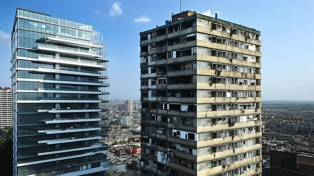 A powerful visual of two buildings one is a towering, state-of-the-art residential complex with glass balconies, while the other is a deteriorating