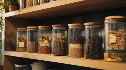 A minimalist pantry showcasing glass jars filled with spices and grains on wooden shelves, promoting a clean and organized kitchen