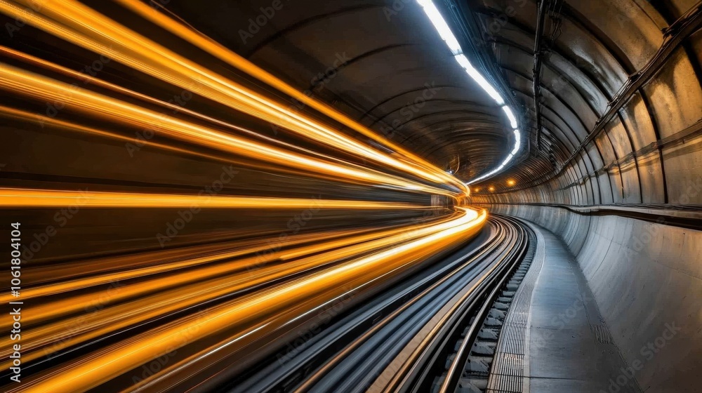 Poster A long-exposure view of a fast-moving train in a curved tunnel at night, showcasing vibrant light trails and the motion of transit