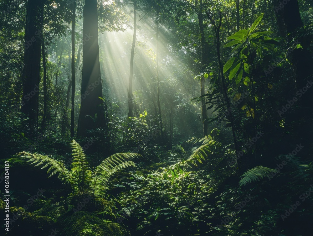 Aufkleber Sunlight filters through the dense canopy of a lush rainforest, creating a serene atmosphere full of life and vibrant greenery